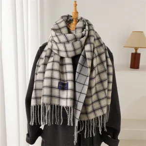 Classic plaid imitation cashmere scarf with fringe, warm winter neck wrap for daily commute.