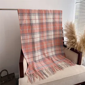 Korean style autumn winter plaid loop yarn cashmere feel tassel scarf for warm commuting daily use