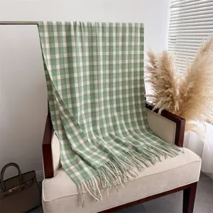 Green plaid tassel shawl scarf detail, soft cozy winter warm neck accessory for daily style.