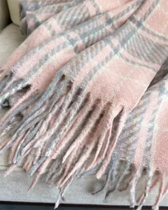 Pink grey plaid boucle cashmere feel tassel winter scarf cozy warm fashion shawl for women men