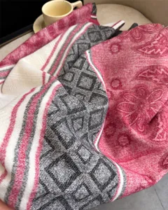 Detailed close-up view of autumn winter geometric pattern imitation cashmere scarf warm shawl