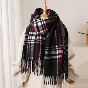 Classic black white red plaid tassel scarf winter warm cashmere-like cozy neck wrap