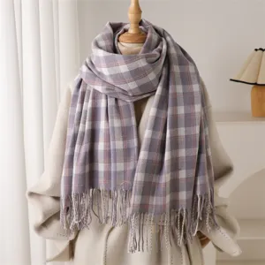 Retro Plaid Cashmere-Feel Fringe Scarf Detail View Warm Autumn Winter Neck Accessory