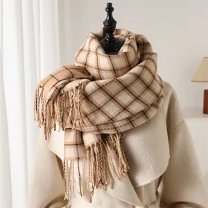 Classic plaid fringe scarf for autumn and winter, cozy cashmere-feel shawl wrap for women.