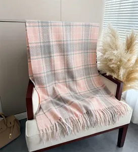 Pink grey plaid boucle cashmere feel tassel shawl scarf for autumn winter warmth style