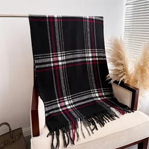 Cozy black plaid fringe scarf for autumn and winter, soft warm shawl for daily wear.