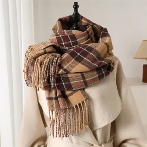 Classic plaid winter cashmere-feel scarf with fringe, warm cozy commuter fashion neck wrap.