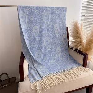 Blue paisley cashmere-feel tassel scarf detail, warm winter shawl for men and women commuting.