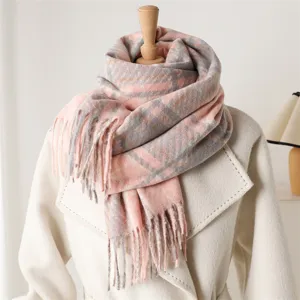 Unisex plaid loop yarn faux cashmere scarf winter warm fringe shawl casual daily wear