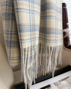 Cozy blue plaid cashmere feel fringe winter scarf warm shawl for men and women fashion