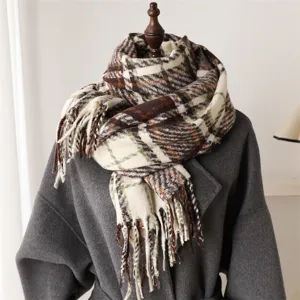 Close-up detail of the classic plaid tassel scarf, showcasing soft texture and warm winter design.