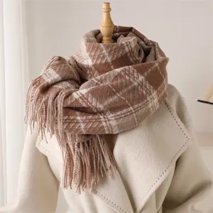 Brown white plaid tassel scarf, cozy imitation cashmere winter warm shawl for daily commuting.