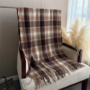Cozy plaid cashmere-feel tassel scarf for men and women, stylish autumn winter warm wrap.