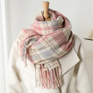 Cozy plaid tassel scarf for autumn and winter, warm faux cashmere neck wrap for daily wear.