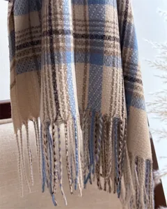 Classic blue brown plaid tassel cashmere feel scarf detail view warm winter accessory