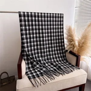 Black and white plaid cashmere feel tassel scarf, elegant winter warm shawl for daily commuting.