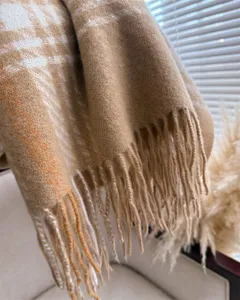 Cashmere-feel plaid tassel scarf detail, warm autumn and winter fashion accessory.