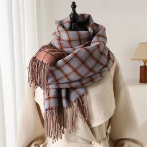 Korean style plaid cashmere-feel winter scarf with tassels, warm and stylish for daily commute.