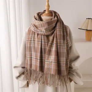 Cozy winter plaid cashmere-feel fringed scarf for women and men, classic warm accessory.