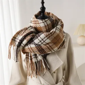 Korean style plaid tassel scarf, cozy autumn winter cashmere feel warm neck wrap for women.