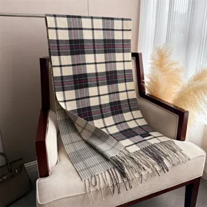 Classic plaid cashmere-feel tassel scarf for autumn and winter daily commute warm wear.