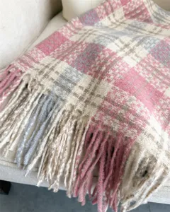 Cozy pink plaid cashmere-feel tassel scarf for women and men, warm winter neck wrap shawl.