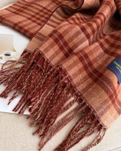 Close up detail of autumn winter plaid cashmere feel tassel scarf cozy warm fashion accessory