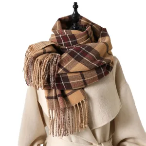 Classic checked imitation cashmere tassel scarf for winter warmth, main product view.
