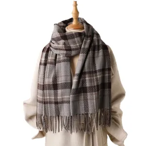 Classic plaid imitation cashmere tassel scarf, winter warm unisex fashion cozy neck wrap.