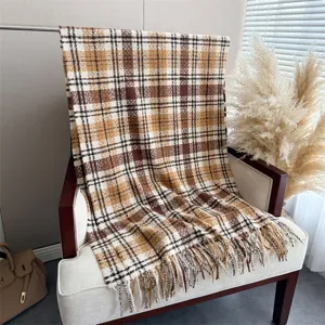 Korean style plaid boucle cashmere-feel shawl fringe scarf for autumn and winter daily wear.