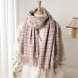 Cozy pink and blue plaid cashmere-feel winter scarf with elegant tassels for daily wear.