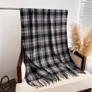 Classic black and grey plaid tassel scarf detail, cozy winter thermal cashmere-feel shawl.