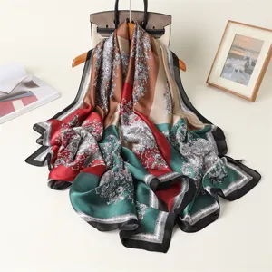 Vintage color-block paisley print silk feel scarf women long shawl elegant satin head wrap