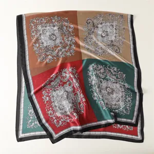 Retro color-block paisley silk scarf detail, elegant floral pattern, soft satin fabric.