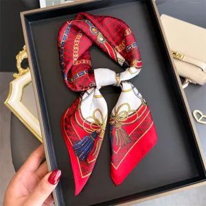 French Court Carriage Chain Printed Square Scarf Elegant Women Lightweight Neck Scarf Headband Shawl Fashion Accessories