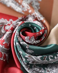 Retro paisley print silk scarf detail, elegant color block design, soft satin texture.