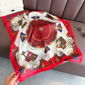 French court carriage print silk square scarf vintage elegant women neckerchief head wrap.