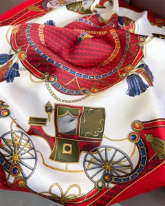 French vintage carriage print silk square scarf, luxurious neckerchief and elegant women shawl.
