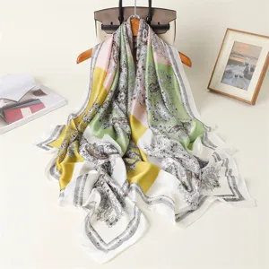 Retro colorblocked paisley silk scarf for women, elegant lightweight satin shawl and headwrap.