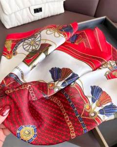 French vintage carriage printed silk square scarf elegant luxury red blue women head wrap shawl