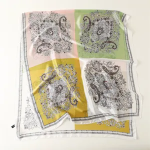 Retro color-blocked paisley silk scarf for women, elegant lightweight satin fashion shawl.