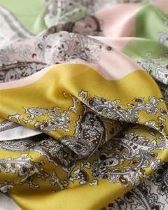 Vintage colorblock paisley print silk scarf detail, elegant lightweight satin shawl for women.