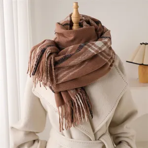 Cozy brown plaid tassel winter scarf for women and men, warm thick fashion neck wrap accessory.