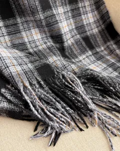 Classic black white orange plaid tassel scarf detail, soft cozy cashmere-feel winter shawl.