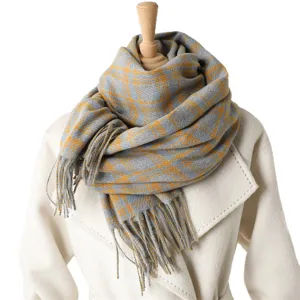 Grey and yellow plaid cashmere feel tassel scarf for men and women, cozy autumn winter.