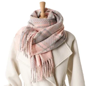 Unisex pink plaid cashmere feel warm tassel scarf for autumn and winter fashion commute.