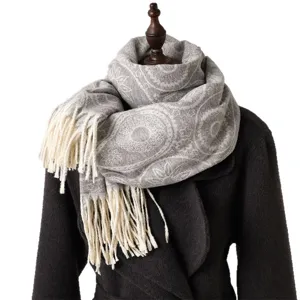Classic grey paisley pattern imitation cashmere scarf with fringes for cozy autumn winter daily wear.