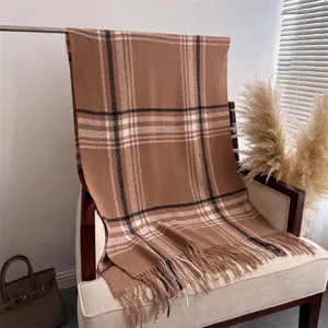Cozy camel plaid winter scarf with fringe, soft cashmere-feel shawl for daily warm outfit.