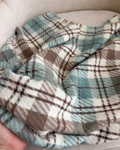 Cozy blue and brown plaid cashmere-like winter scarf for stylish warm daily wear.
