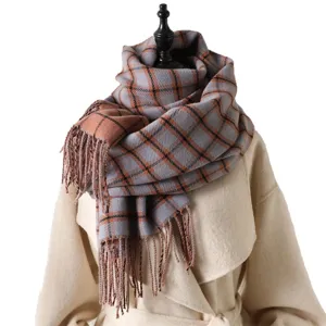 Korean style plaid cashmere-feel shawl winter warm fringe scarf for men and women main view
